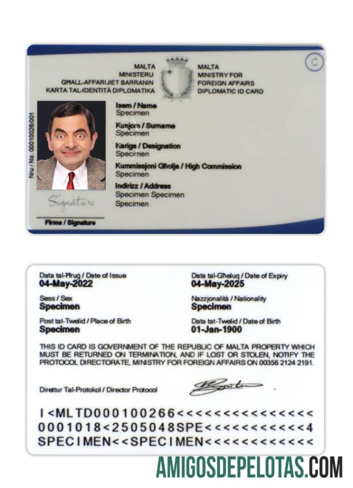 Exemplo de carteira de identidade diplomática de Malta